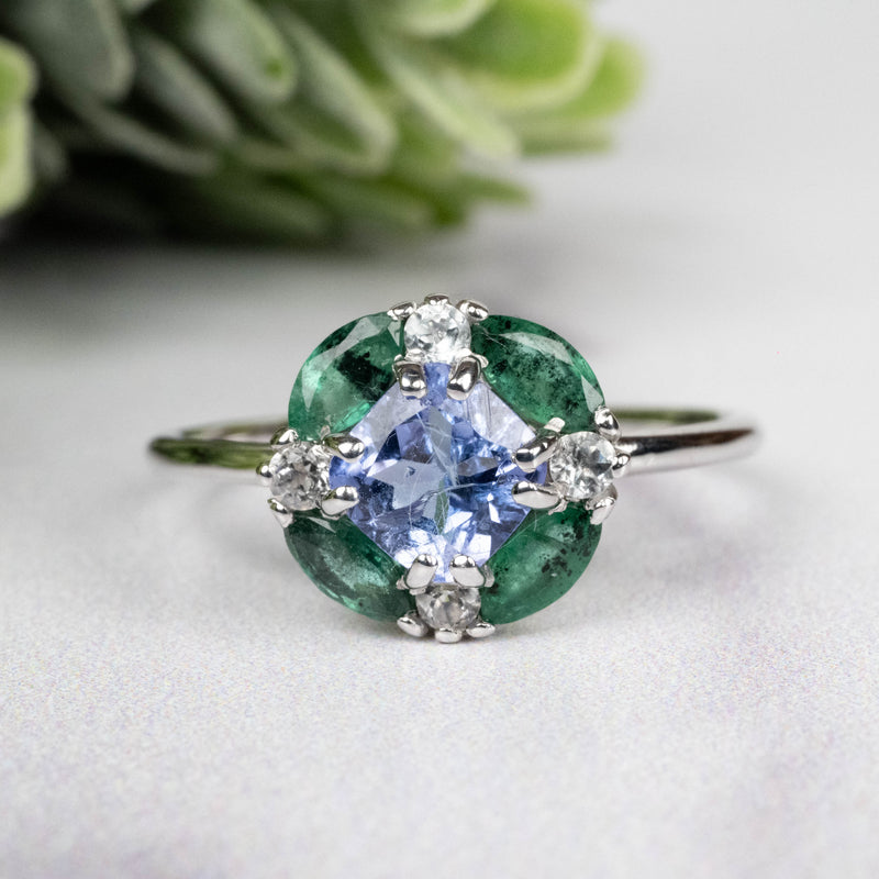 Tanzanite + Emerald + White Topaz Ring 2-5.5mm Size 8 - InnerVision Crystals