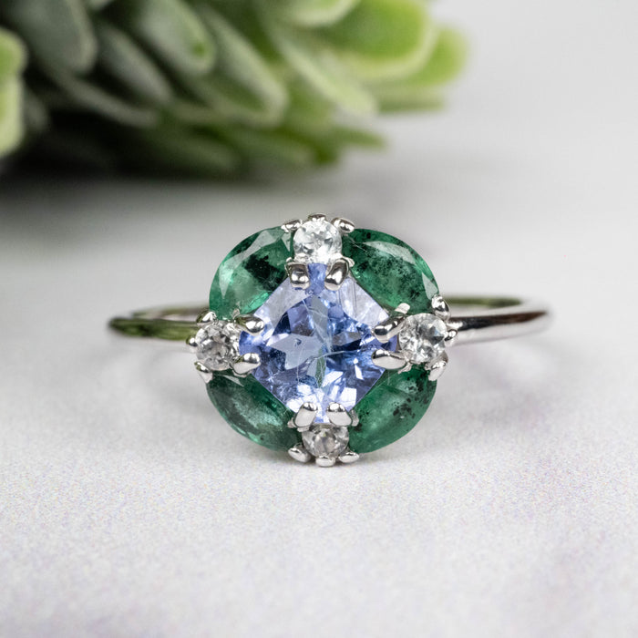 Tanzanite + Emerald + White Topaz Ring 2-5.5mm Size 8