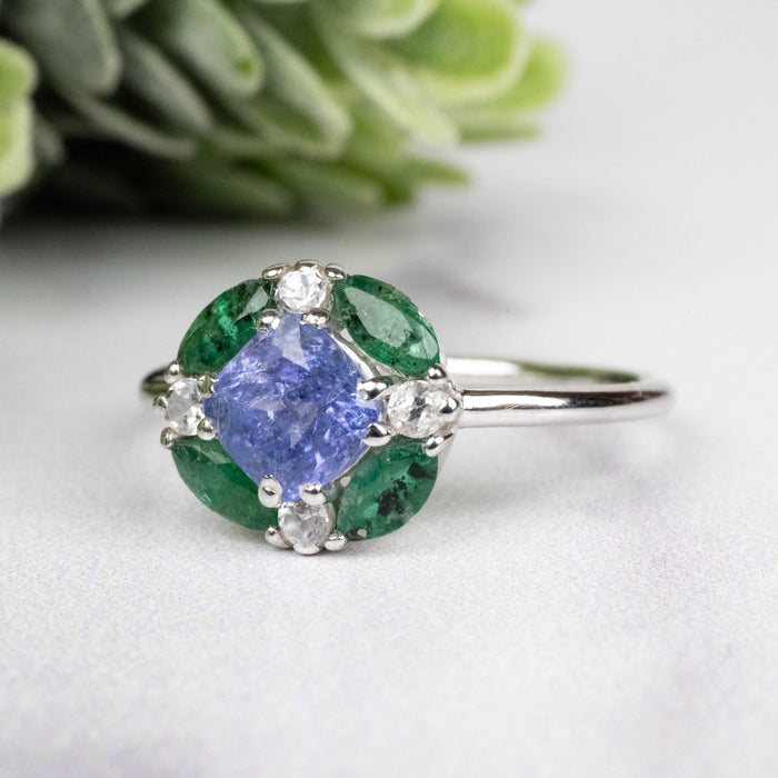 Tanzanite + Emerald + White Topaz Ring 2-5.5mm Size 8