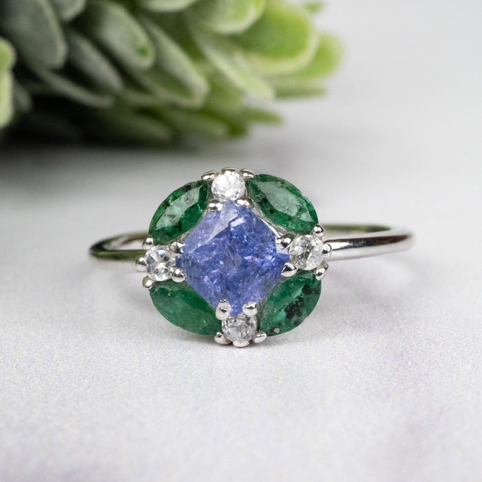 Tanzanite + Emerald + White Topaz Ring 2-5.5mm Size 8