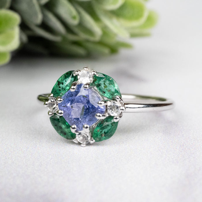 Tanzanite + Emerald + White Topaz Ring 2-5.5mm Size 8