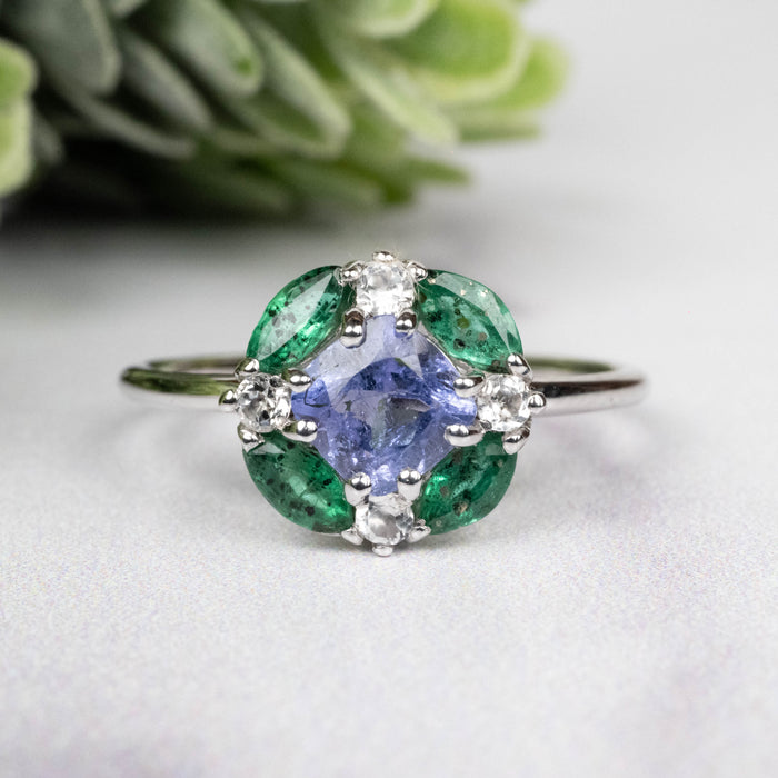Tanzanite + Emerald + White Topaz Ring 2-5.5mm Size 8
