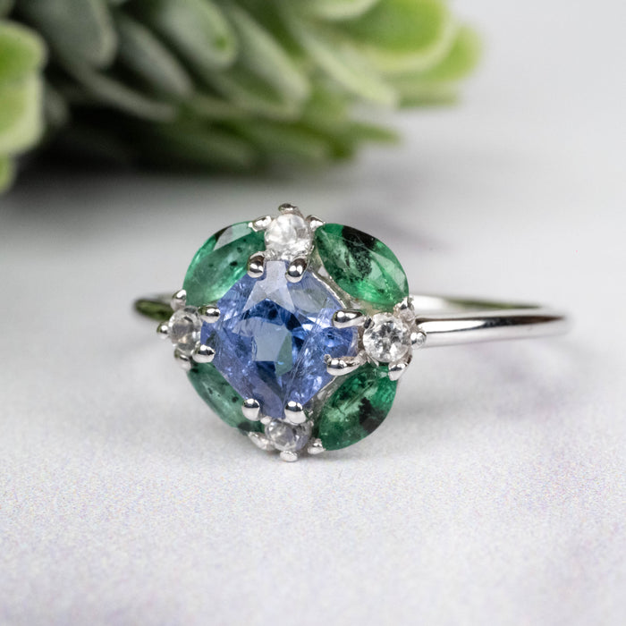 Tanzanite + Emerald + White Topaz Ring 2-5.5mm Size 8