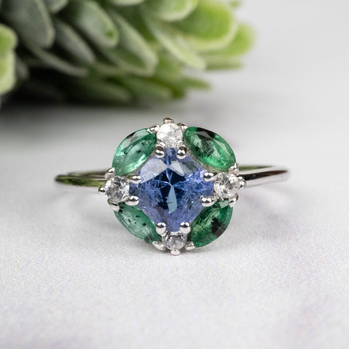 Tanzanite + Emerald + White Topaz Ring 2-5.5mm Size 8