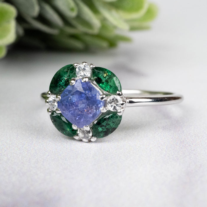 Tanzanite + Emerald + White Topaz Ring 2-5.5mm Size 8