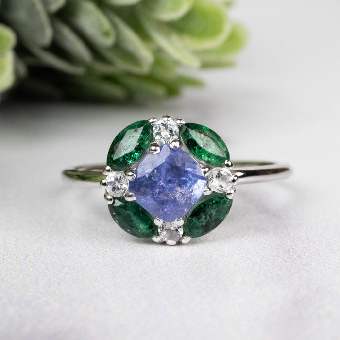 Tanzanite + Emerald + White Topaz Ring 2-5.5mm Size 8