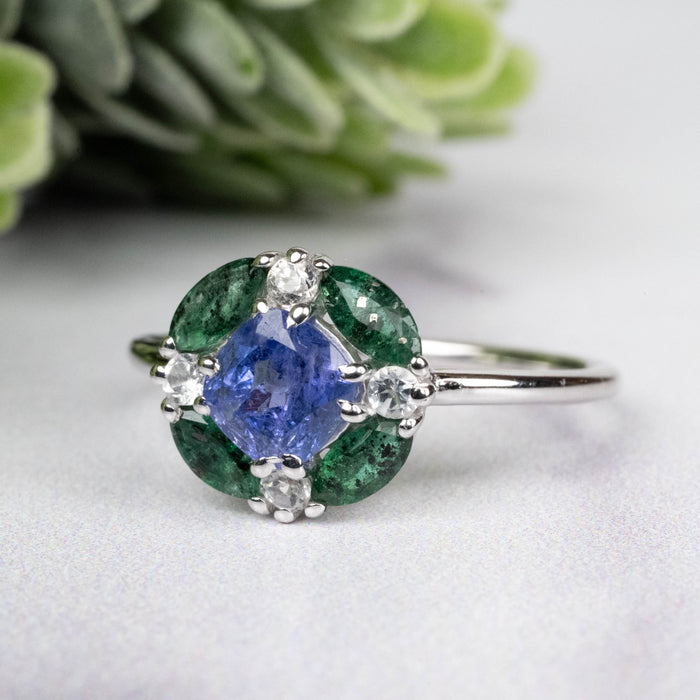 Tanzanite + Emerald + White Topaz Ring 2-5.5mm Size 8