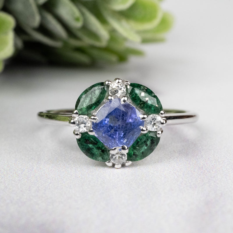 Tanzanite + Emerald + White Topaz Ring 2-5.5mm Size 8 - InnerVision Crystals