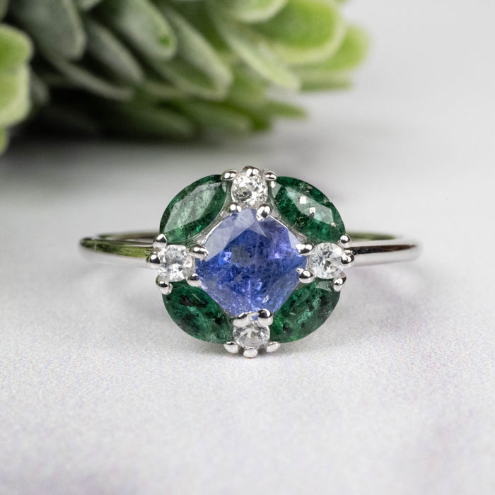 Tanzanite + Emerald + White Topaz Ring 2-5.5mm Size 8