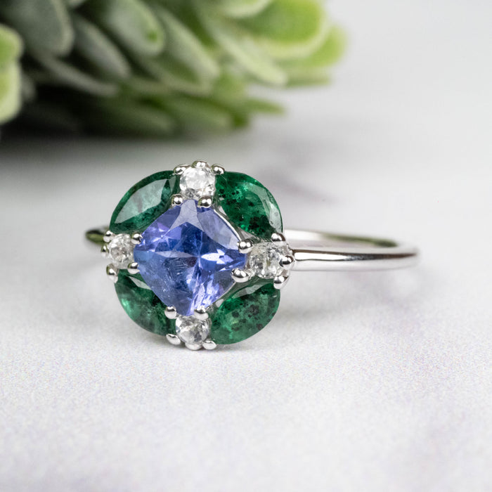 Tanzanite + Emerald + White Topaz Ring 2-5.5mm Size 8
