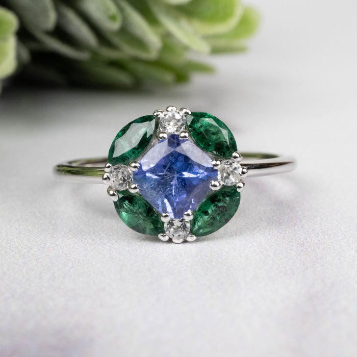 Tanzanite + Emerald + White Topaz Ring 2-5.5mm Size 8