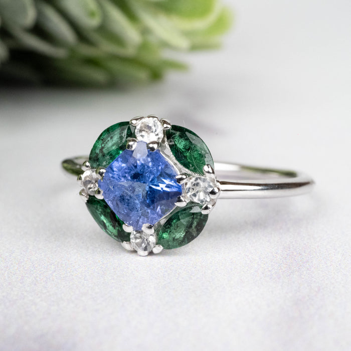 Tanzanite + Emerald + White Topaz Ring 2-5.5mm Size 8