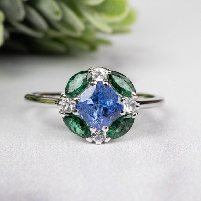 Tanzanite + Emerald + White Topaz Ring 2-5.5mm Size 8