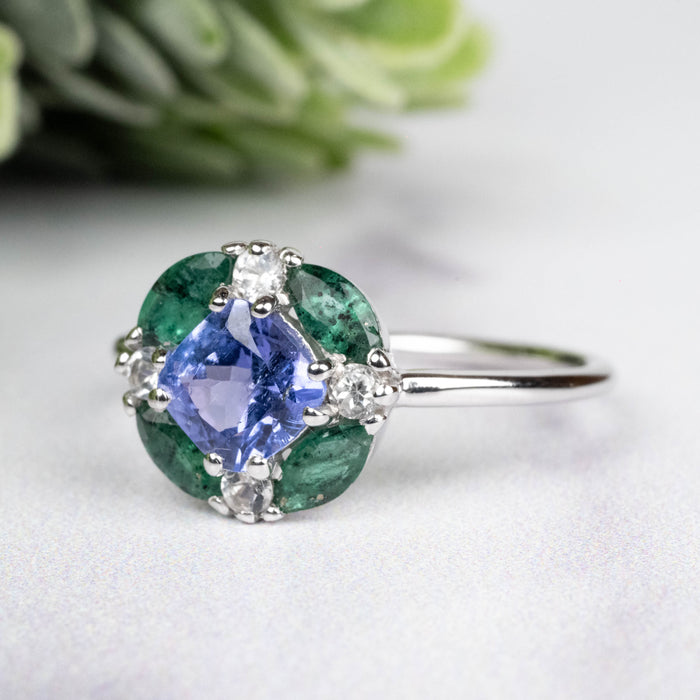 Tanzanite + Emerald + White Topaz Ring 2-5.5mm Size 8