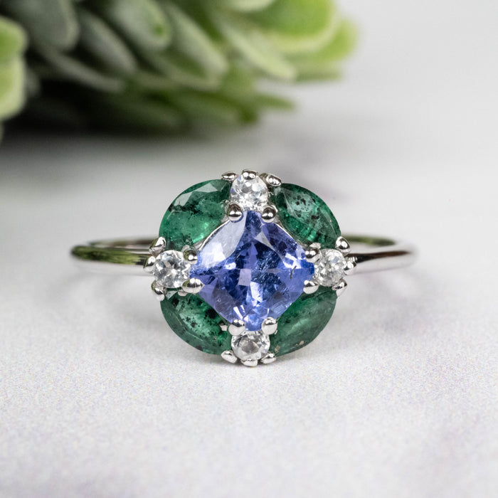 Tanzanite + Emerald + White Topaz Ring 2-5.5mm Size 8