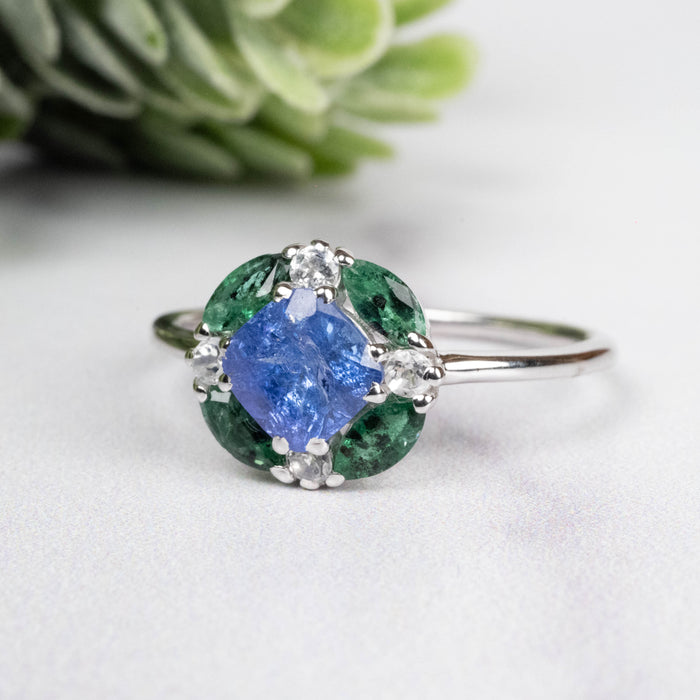Tanzanite + Emerald + White Topaz Ring 2-5.5mm Size 9