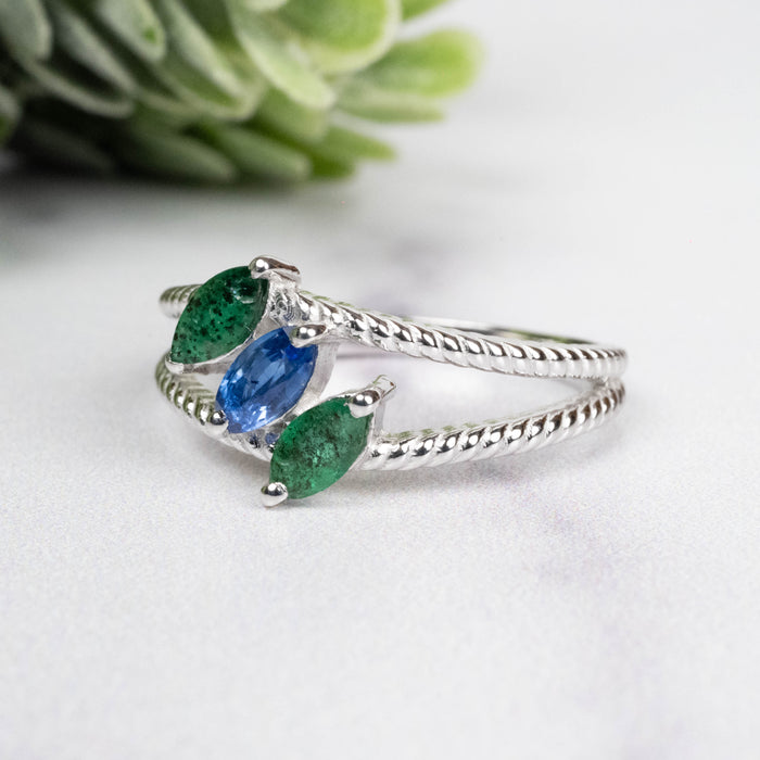 Emerald + Kyanite Ring 6x3mm Size 8