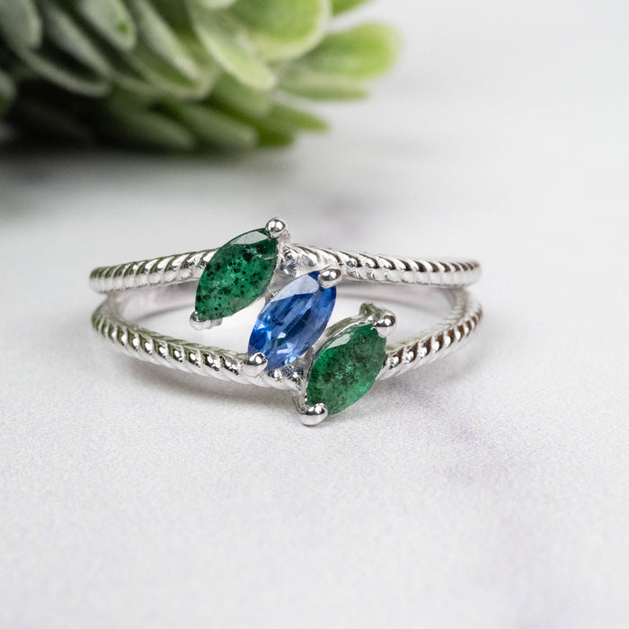 Emerald + Kyanite Ring 6x3mm Size 8