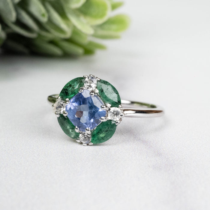Tanzanite + Emerald + White Topaz Ring 2-5.5mm Size 6