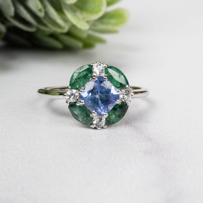 Tanzanite + Emerald + White Topaz Ring 2-5.5mm Size 6