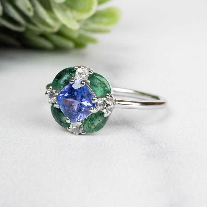 Tanzanite + Emerald + White Topaz Ring 2-5.5mm Size 7