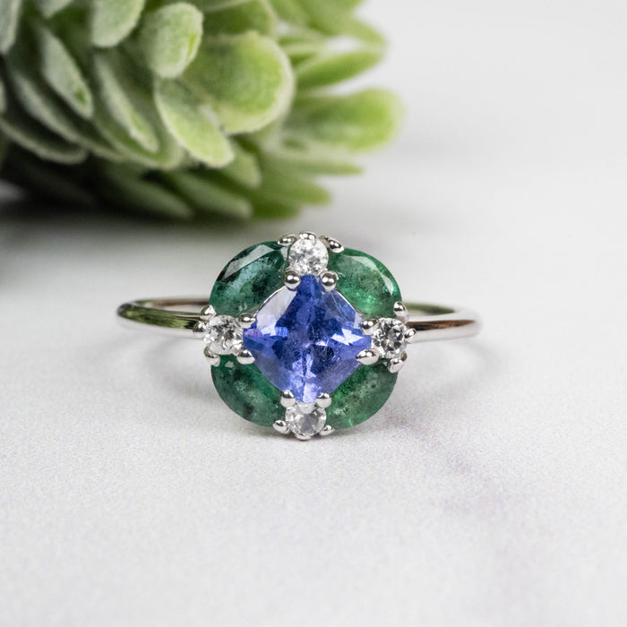 Tanzanite + Emerald + White Topaz Ring 2-5.5mm Size 7