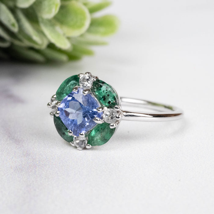 Tanzanite + Emerald + White Topaz Ring 2-5.5mm Size 7