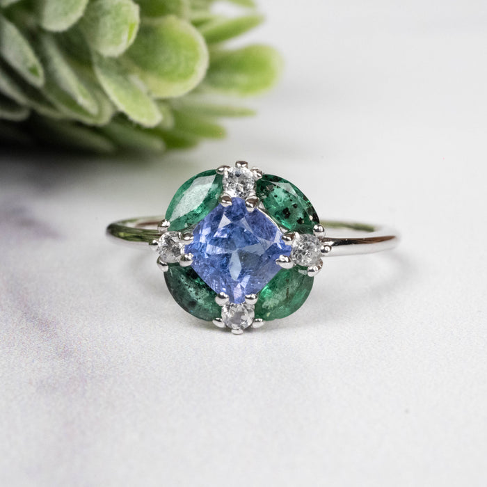 Tanzanite + Emerald + White Topaz Ring 2-5.5mm Size 7