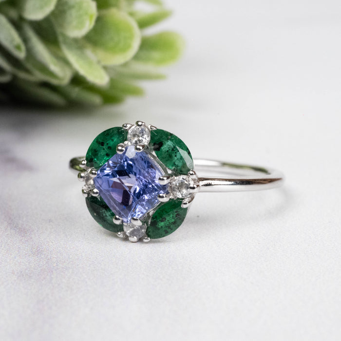 Tanzanite + Emerald + White Topaz Ring 2-5.5mm Size 8