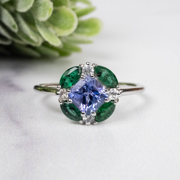 Tanzanite + Emerald + White Topaz Ring 2-5.5mm Size 8