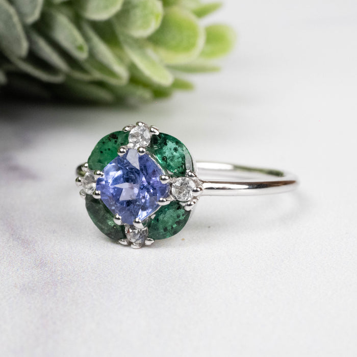 Tanzanite + Emerald + White Topaz Ring 2-5.5mm Size 8