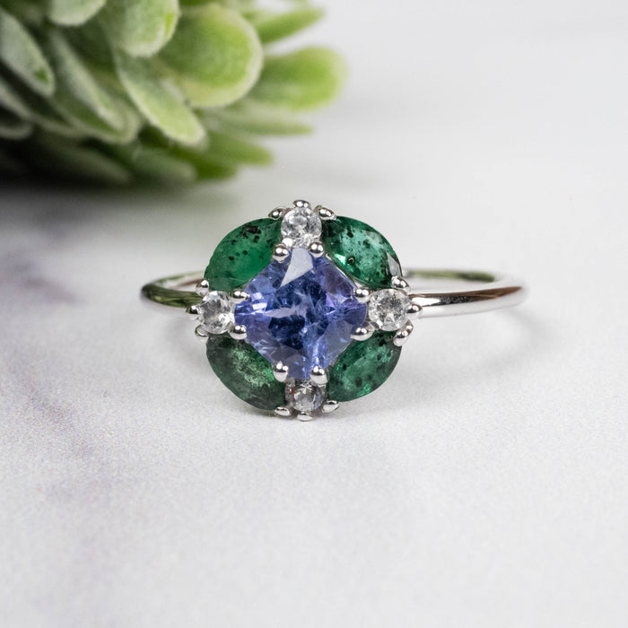 Tanzanite + Emerald + White Topaz Ring 2-5.5mm Size 8