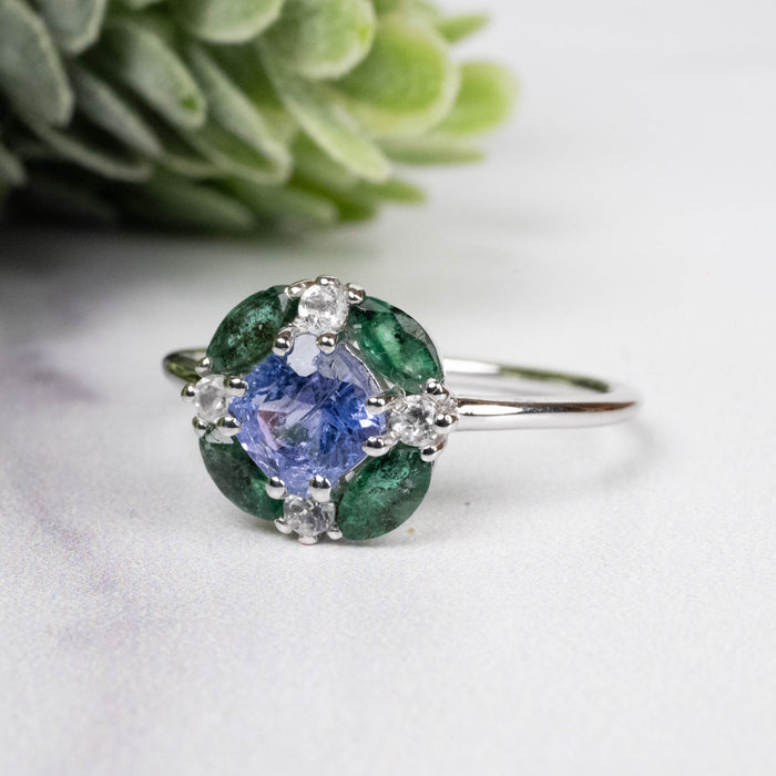 Tanzanite + Emerald + White Topaz Ring 2-5.5mm Size 8
