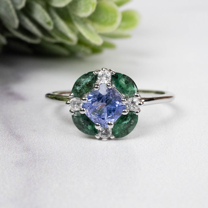Tanzanite + Emerald + White Topaz Ring 2-5.5mm Size 8