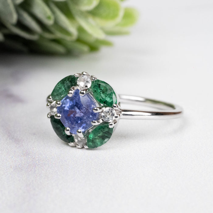 Tanzanite + Emerald + White Topaz Ring 2-5.5mm Size 8
