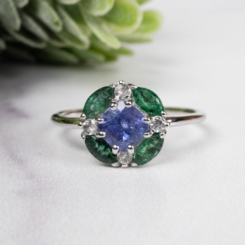 Tanzanite + Emerald + White Topaz Ring 2-5.5mm Size 8 - InnerVision Crystals