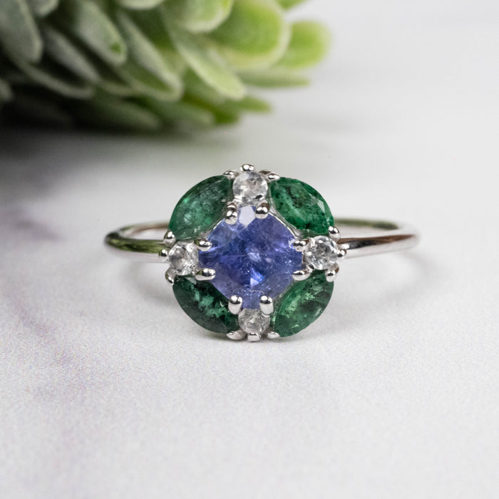 Tanzanite + Emerald + White Topaz Ring 2-5.5mm Size 8