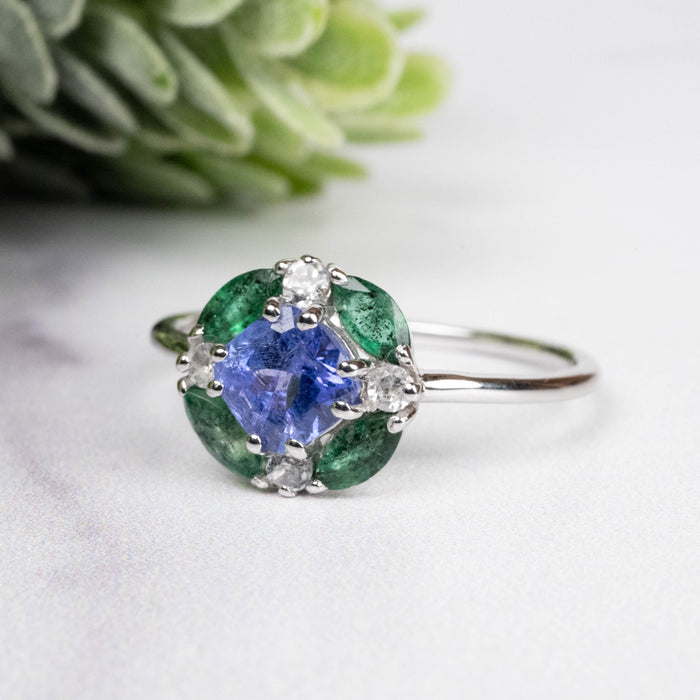 Tanzanite + Emerald + White Topaz Ring 2-5.5mm Size 9