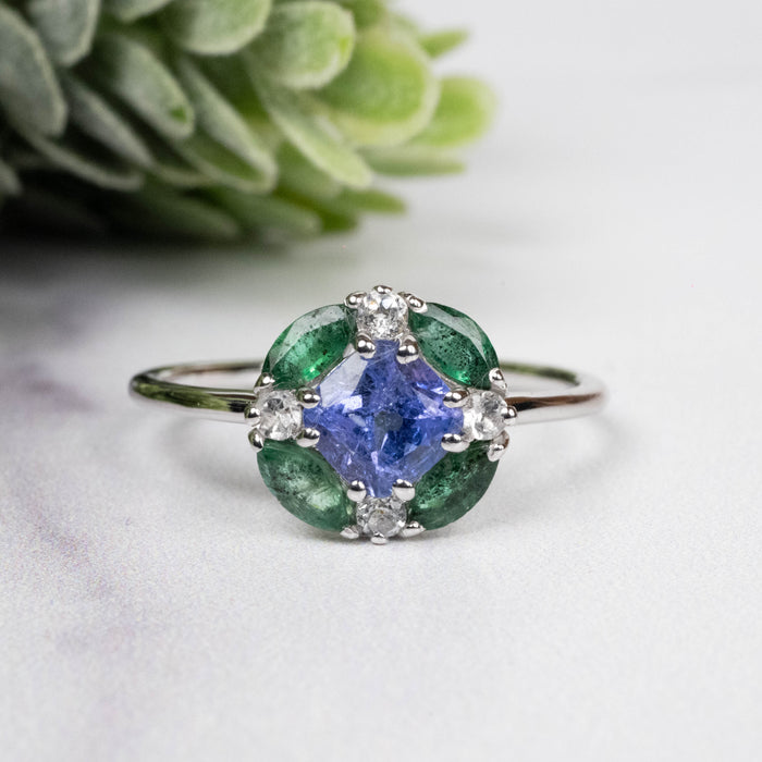 Tanzanite + Emerald + White Topaz Ring 2-5.5mm Size 9