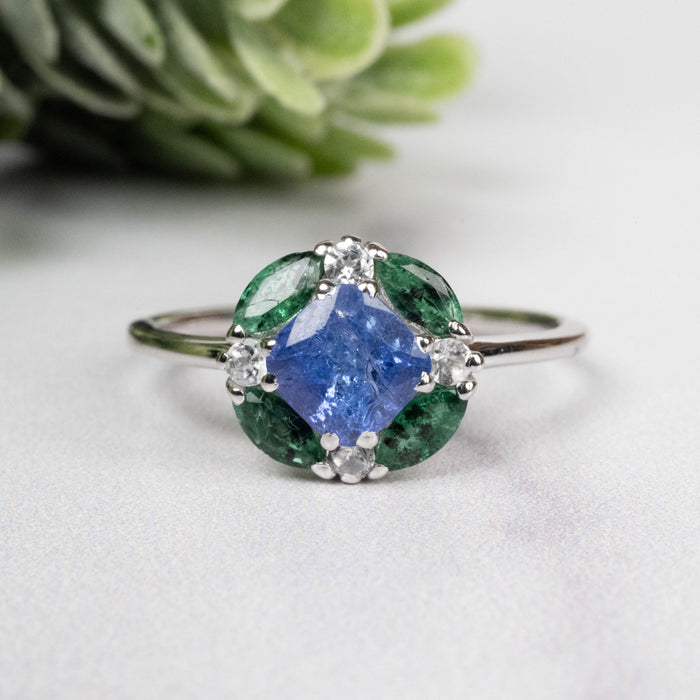 Tanzanite + Emerald + White Topaz Ring 2-5.5mm Size 9