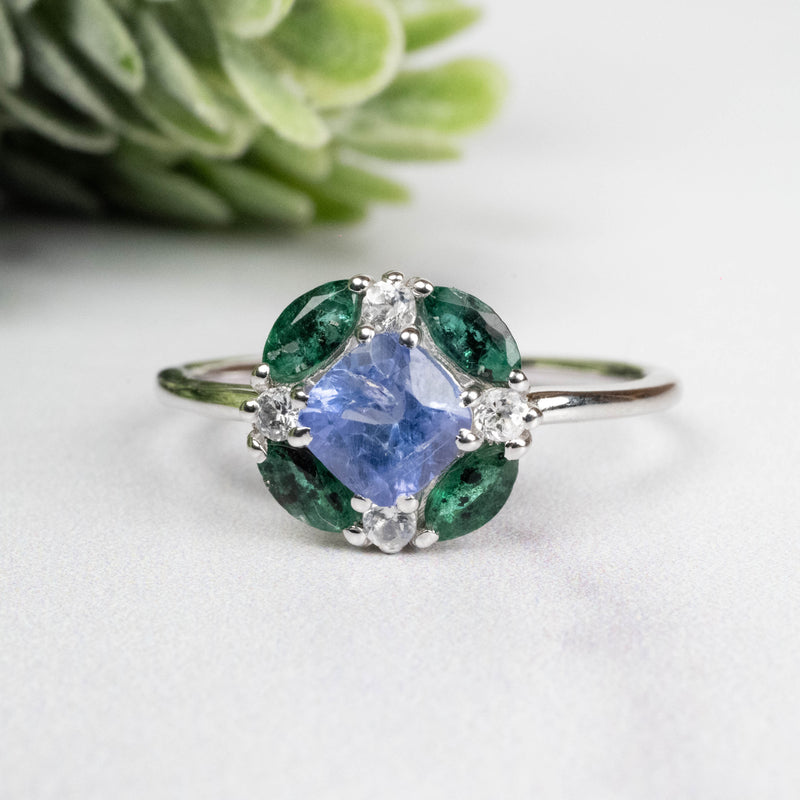 Tanzanite + Emerald + White Topaz Ring 2-5.5mm Size 9 - InnerVision Crystals