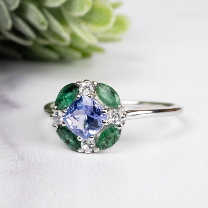 Tanzanite + Emerald + White Topaz Ring 2-5.5mm Size 9