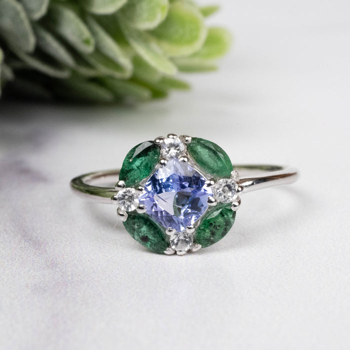 Tanzanite + Emerald + White Topaz Ring 2-5.5mm Size 9