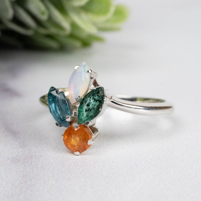 Spessartine Garnet + Kyanite + Opal + Emerald Ring 3-6mm Size 7