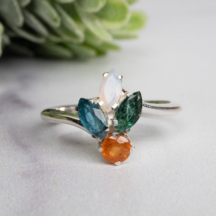 Spessartine Garnet + Kyanite + Opal + Emerald Ring 3-6mm Size 7