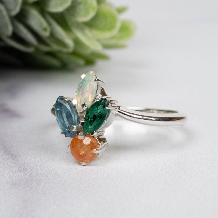 Spessartine Garnet + Kyanite + Opal + Emerald Ring 3-6mm Size 7