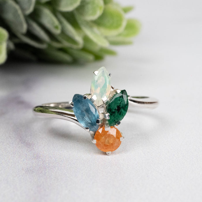 Spessartine Garnet + Kyanite + Opal + Emerald Ring 3-6mm Size 7