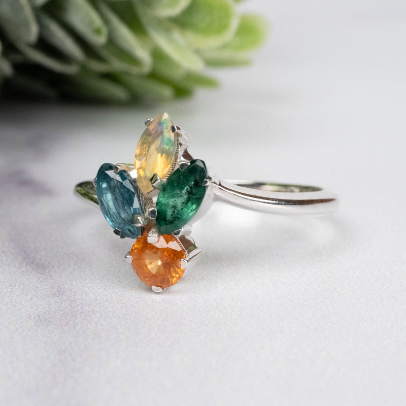 Spessartine Garnet + Kyanite + Opal + Emerald Ring 3-6mm Size 8 - InnerVision Crystals