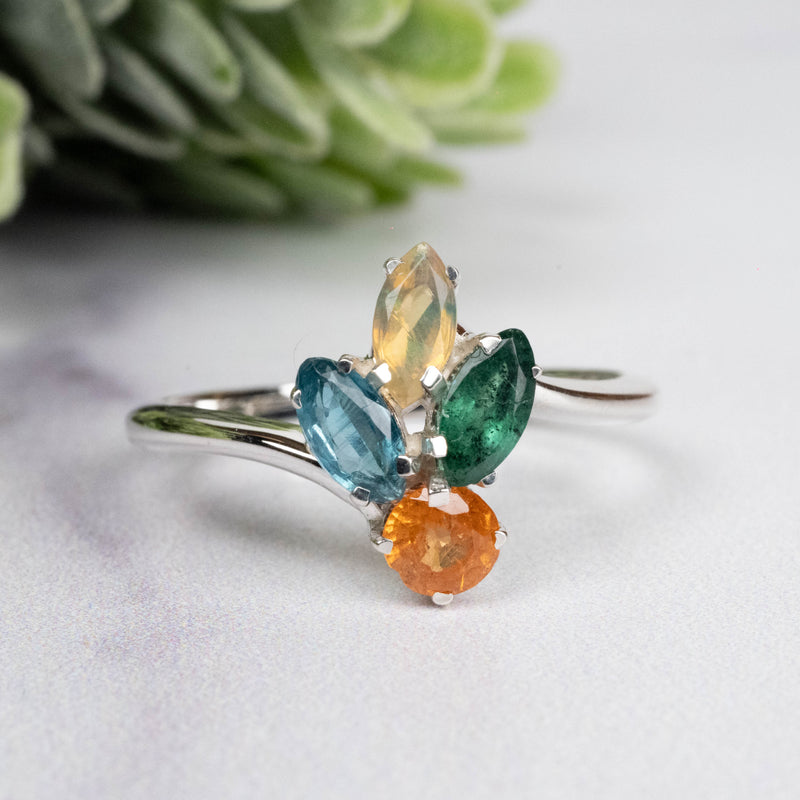Spessartine Garnet + Kyanite + Opal + Emerald Ring 3-6mm Size 8 - InnerVision Crystals