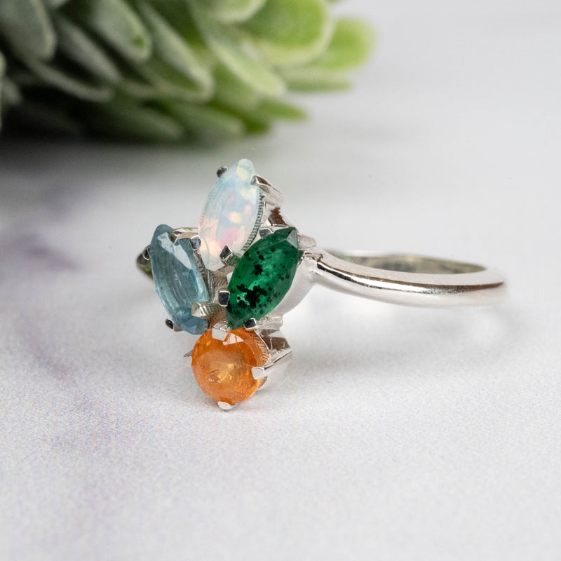 Spessartine Garnet + Kyanite + Opal + Emerald Ring 3-6mm Size 8 - InnerVision Crystals